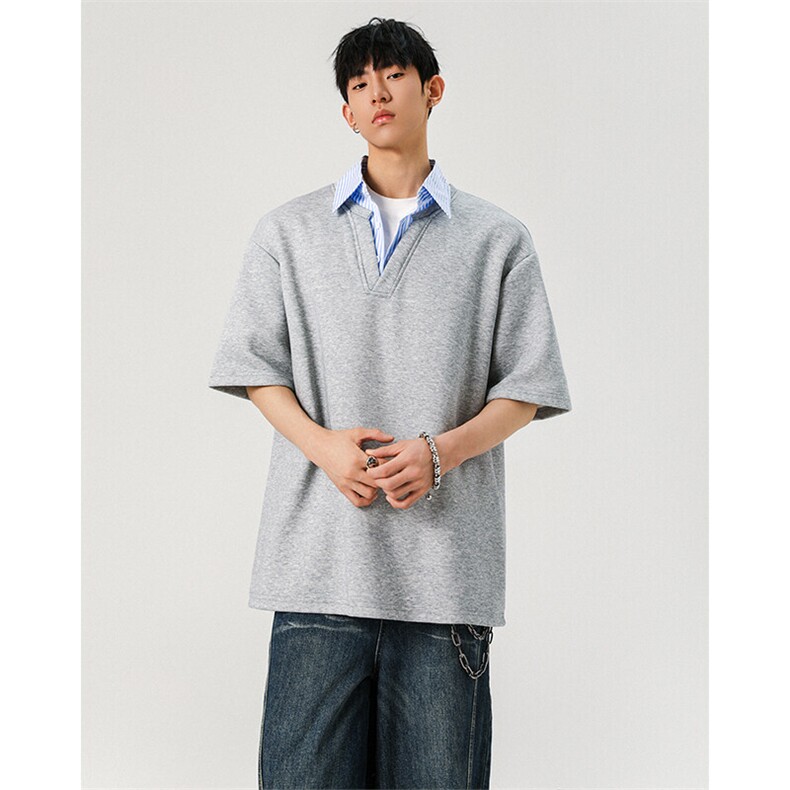 T288-特批30无影墙 280克夏季假两件衬衫领短袖潮牌宽松拼接T恤男图片