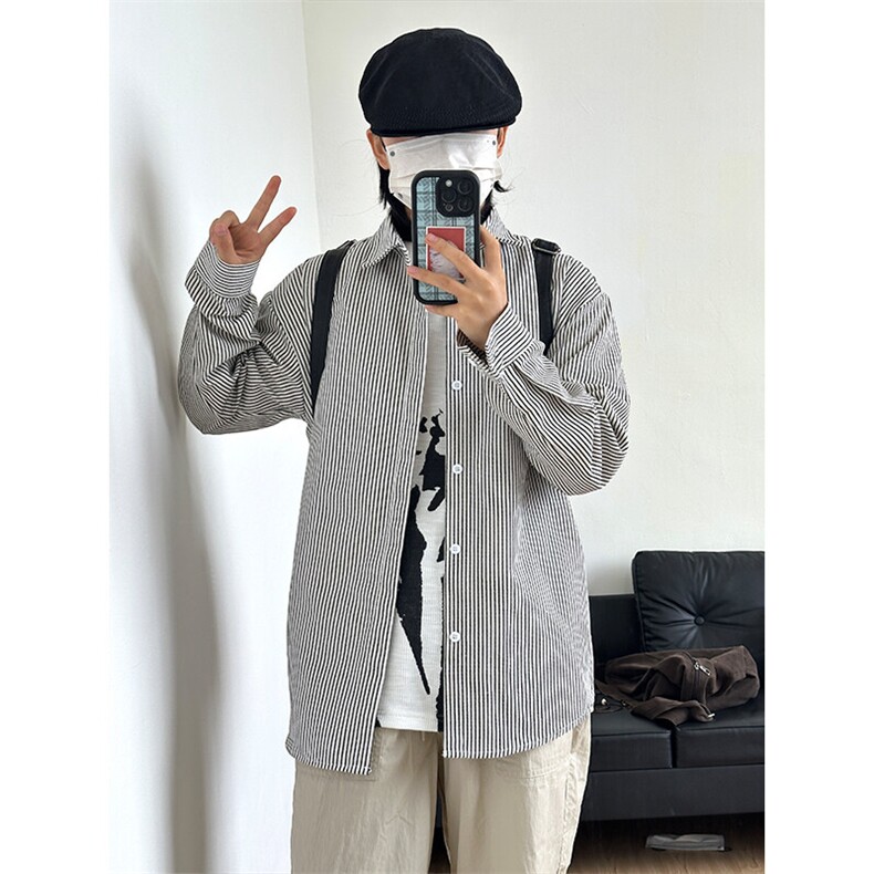 潮流新款大码港风条纹长袖衬衫男外套设计感衬衣情侣 CS017-P30图片
