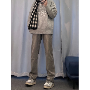 美式hiphop烟灰色毛边修身直筒显瘦牛仔裤痞帅高街图片