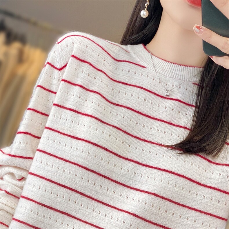2025年春羊毛衫女毛衣圆领条纹打底衫新款宽松针织上衣,女装羊毛衫,优麦羊绒（原洪叶羊绒）