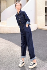 2024新款简约时尚个性气质翻领抽绳收腰显瘦牛仔连体长裤，女装打底裤，瑶迪