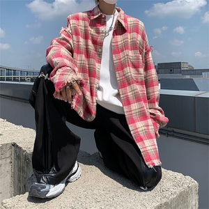 粉色格子衬衫男秋季2024新款破坏长袖衬衣美式复古青少年高街外套图片