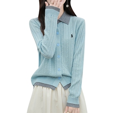 羊毛开衫女假两件针织衫Polo领上衣秋冬拼色毛衣外套，女装羊毛衫，片语羊绒