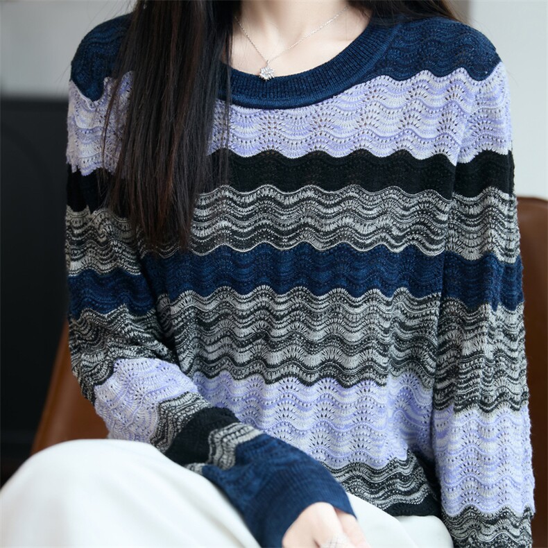 多色波浪纹针织衫女2025早秋精纺薄款休闲减龄长袖打底上衣毛衫潮,针织衫/毛衣,唐诺