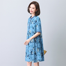 连衣裙女2024新款夏季洋气直筒加肥大码小个子妈妈高贵棉麻风裙子，女装连衣裙，依恋蒂丝