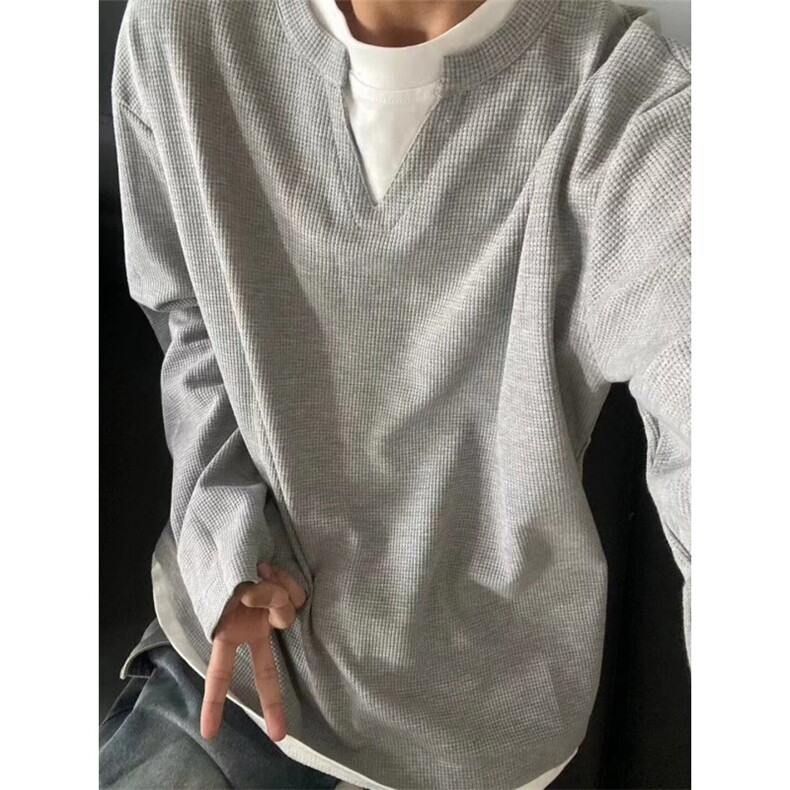 cleanfit华夫格假两件V领卫衣男款美式复古重磅潮牌灰色长袖T恤秋,男装T恤,星座1008
