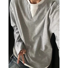 cleanfit华夫格假两件V领卫衣男款美式复古重磅潮牌灰色长袖T恤秋，男装T恤，星座1008