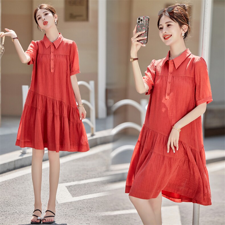 宽松大码新款Polo领泡泡袖雪纺连衣裙显瘦微胖妹妹女装夏季,女装连衣裙,梦懿尔