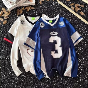 美式运动冰球服V领短袖T恤男女潮牌情侣百搭宽松复古拼接上衣服