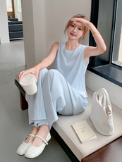 蓝色气质无袖上衣阔腿裤套装女夏季2024新款高级感时尚显瘦两件套，女装套装/套裙，慧尚依恋