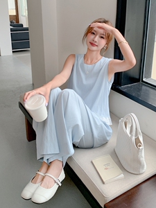 蓝色气质无袖上衣阔腿裤套装女夏季2024新款高级感时尚显瘦两件套图片