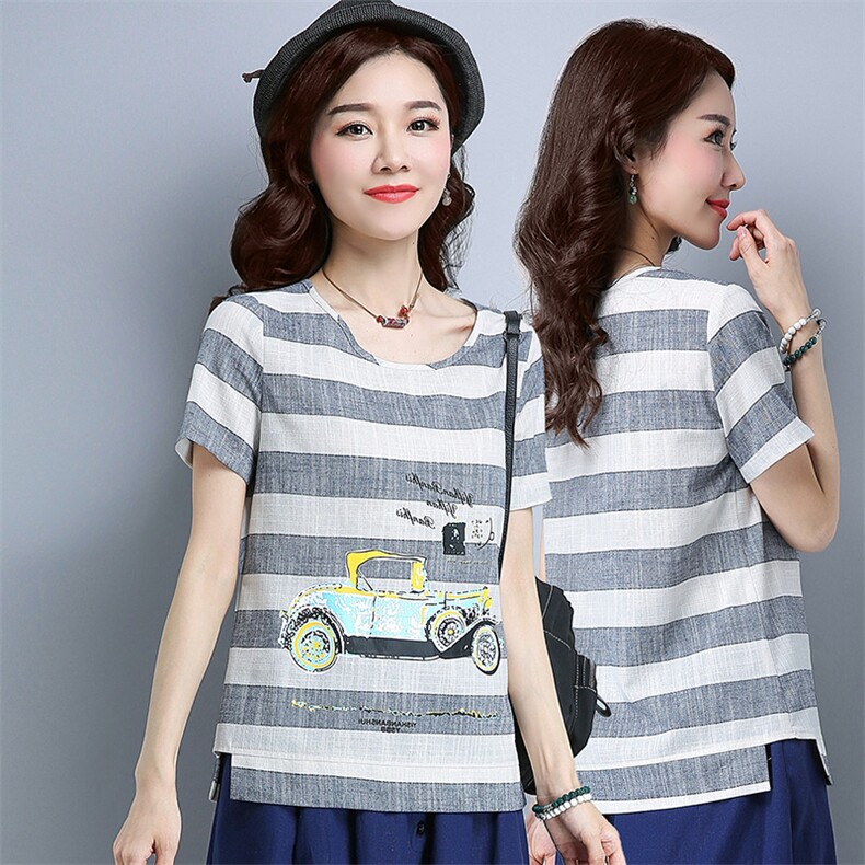 卡通动漫T恤通勤圆领印花创意2021年夏季短袖宽松韩版条纹气质，女装T恤，丽影随形