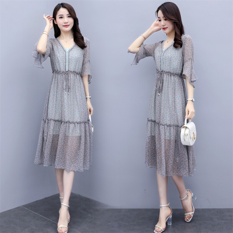 套装/套裙2022年夏季五分袖中长款印花两件套抽褶，女装套装/套裙，岚衣(原川流布茜）