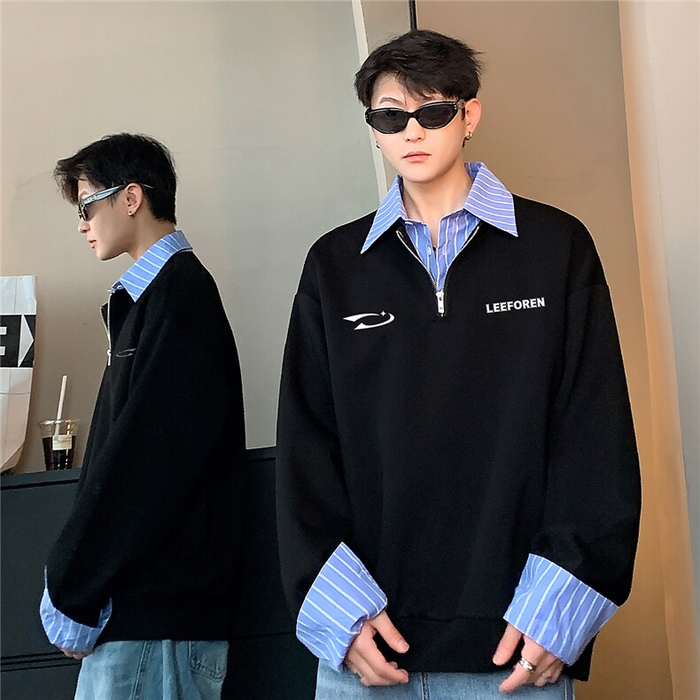 高级感条纹翻领拼接假两件Polo衫男春秋季W100-P58，男装Polo衫，电商C307