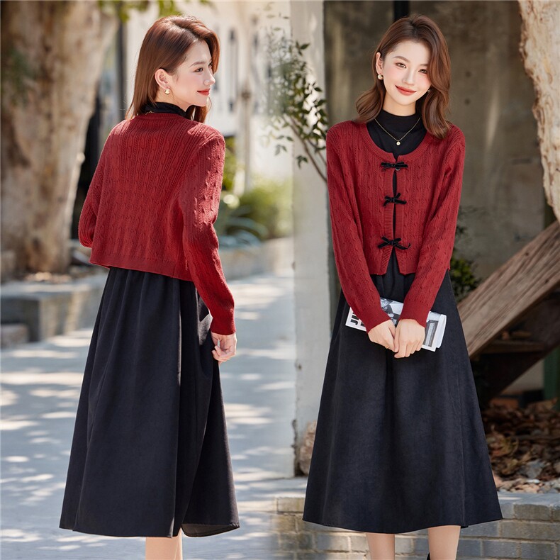 2025年秋季气质潮流女时尚针织毛衣优雅修身无袖连衣裙两件套装，女装套装/套裙，艾贝斯