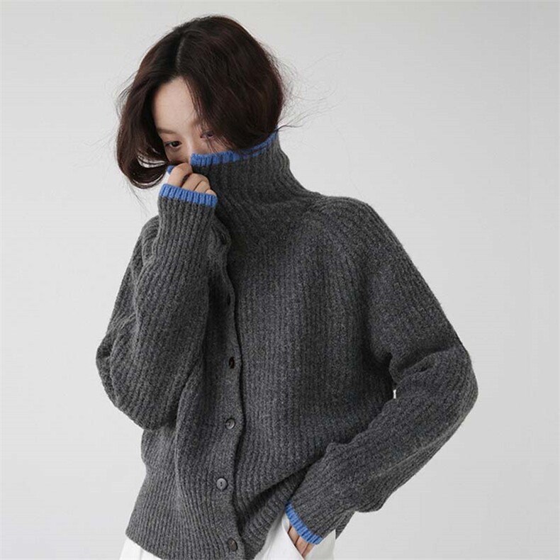 秋冬新款女翻领外搭纯色韩版毛衣外套显瘦羊毛开衫图片
