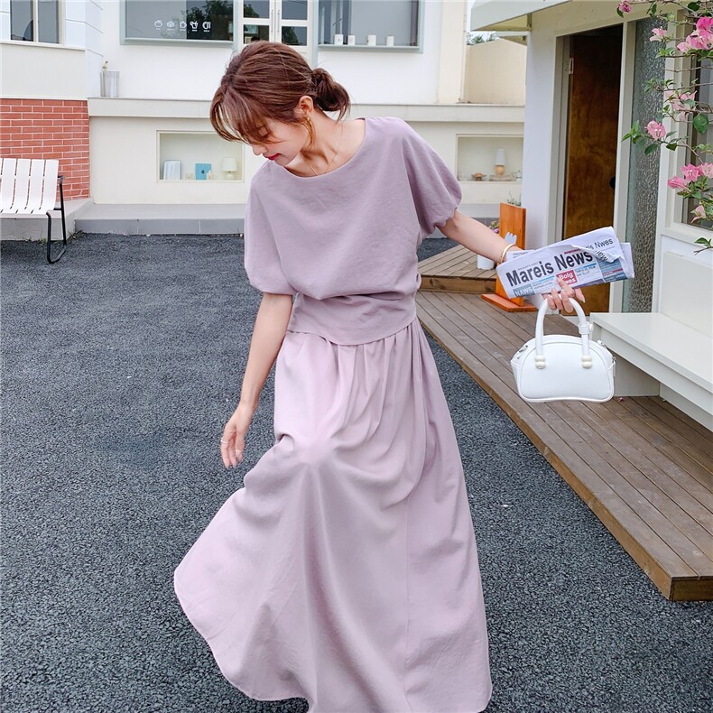 高级感泡泡袖紫色套装裙女2025夏季新款韩系显瘦上衣半身裙两件套,女装套装/套裙,2C168