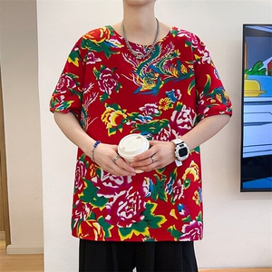 HT203夏男休闲东北大花民族风牡丹花圆领短袖T恤青少年大码男女潮图片