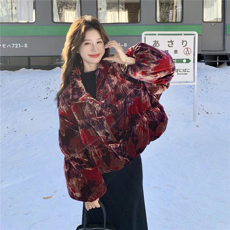 丝绒印花晕染红色羽绒服短款灯笼袖2C206-L666-P275-K398,女装羽绒服,2C206