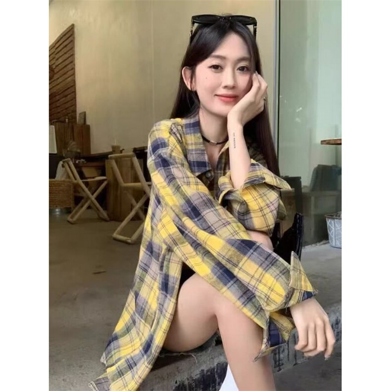 TC502-P45韩系格子长袖复古磨毛宽松外套中长款防晒衬衣,女装衬衫,星座617A-2