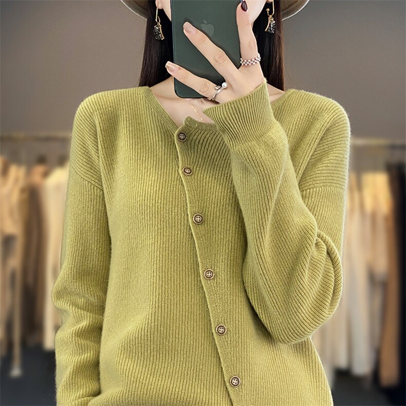 100%纯羊毛开衫女秋冬新款斜扣宽松慵懒羊绒衫外套毛衣长袖打底衫,女装羊毛衫,琳尚羊绒