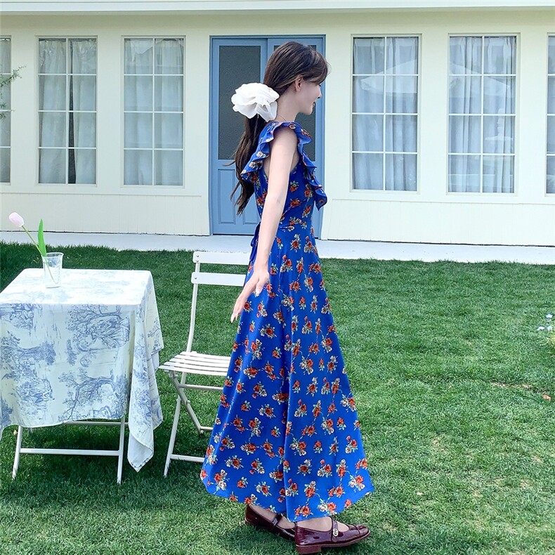 时髦前后两穿碎花小飞袖连衣裙女2025夏季休闲蓝色荷叶边拼接长裙,女装连衣裙,千寻