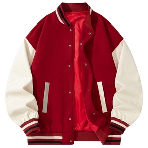 美式PU皮撞色棒球服毛呢宽松男女飞行夹克J826-P85图片