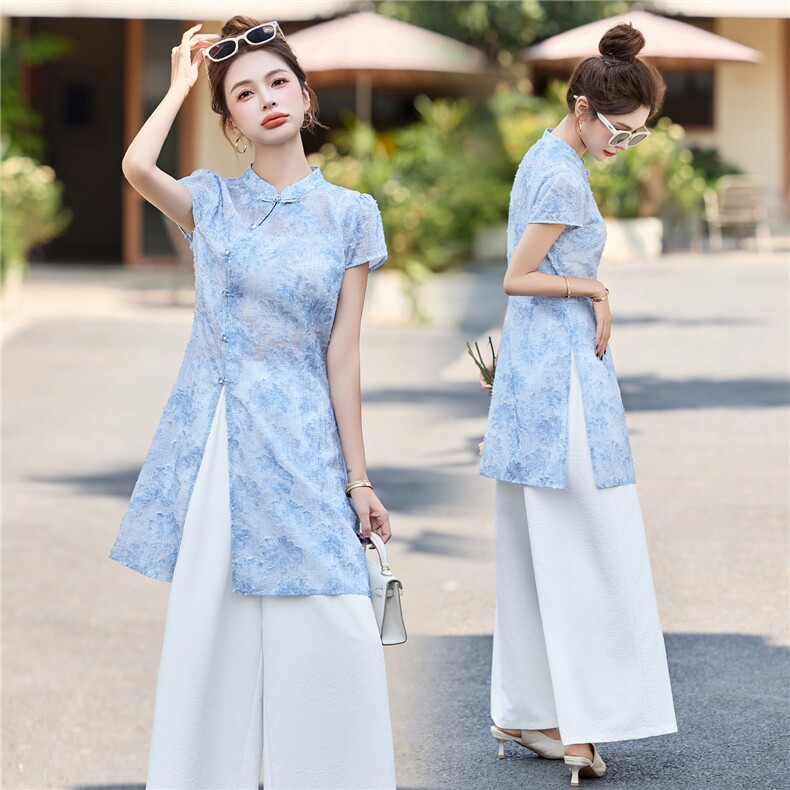 新中式国风短袖旗袍套装女2025夏季高级感气质年轻款阔腿裤两件套，女装套装/套裙，贵人树