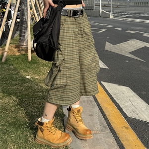 街头格纹大口袋工装七分裤男夏季新款宽松bf美式潮牌阔腿裤 K9014图片