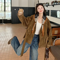 收腰系带丝巾风衣女短款鹿皮绒外套2025秋季新款百搭显瘦夹克上衣，女装短外套，2C317