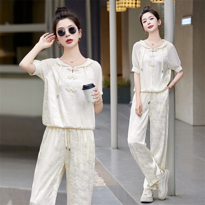 休闲运动套装女夏季2025新款时尚洋气提花盘扣成套搭配两件套，女装套装/套裙，关键词