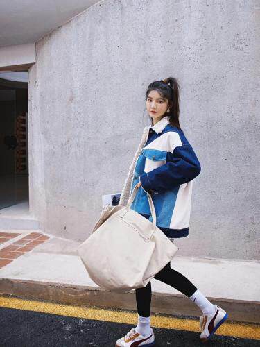 拼接撞色牛仔羊羔毛外套，女装，YOUER DENG