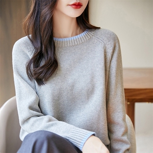 法式撞色100纯棉针织打底衫女2025秋冬新款重磅加厚针织保暖毛衣图片