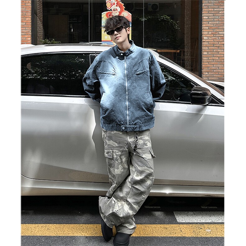 水洗纯棉立领牛仔外套男2024春秋季新款复古潮牌拉链短款纯色夹克,男装工装外套,星座410-7