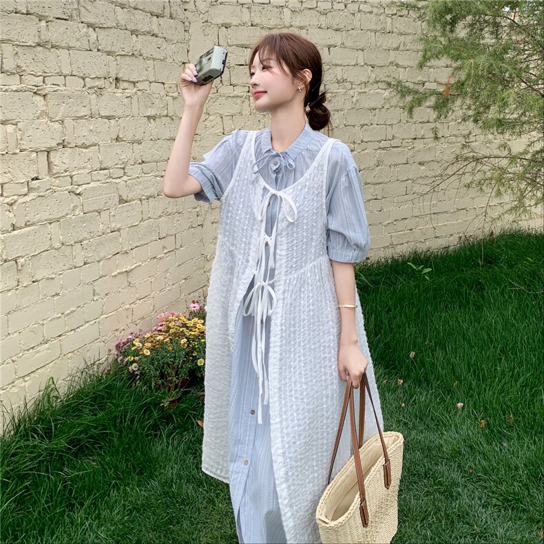 法式盐系连衣裙镂空罩衫套装女2025夏季新款系带超好看显瘦两件套,女装连衣裙,2C115