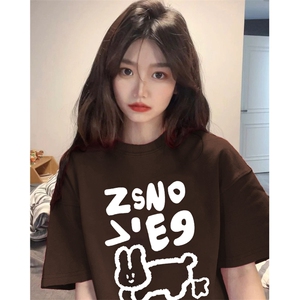 T0629-P25 ins 卡通学生纯棉小兔印花短袖 学院风白色宽松上衣图片