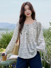 水衣源3730款长袖大圆领可一字肩洋气防晒碎花宽松小衫女，女装防晒衣，水衣源