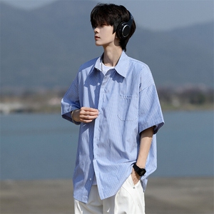 8XL-M 条纹短袖衬衫男夏季宽松慵懒风痞帅大码衬衣外套DC28001P40图片