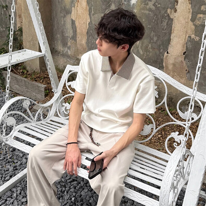 得物抖音高品质二开夏季美式潮牌假两件格子衬衫翻领高街短袖T恤,男装T恤,电商A486