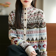 2025年秋季时尚百搭通勤简约休闲复古费尔岛开衫，女装针织衫/毛衣，暖娇绒