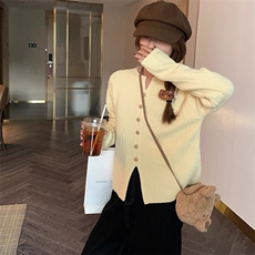 秋季新款纯色针织单排扣开衫时尚百搭，女装针织衫/毛衣，泰沅羊绒