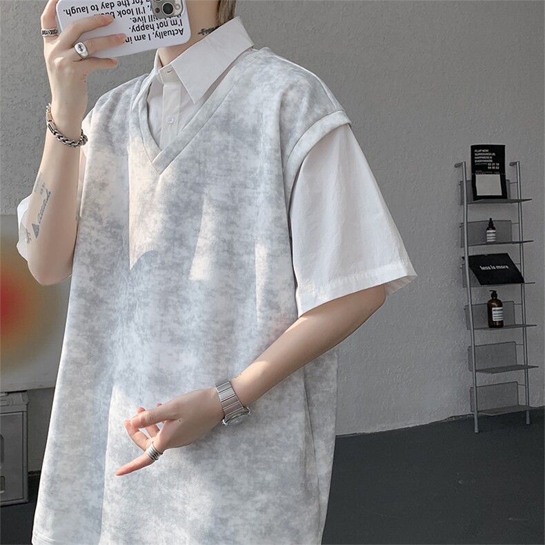 扎染套装西装领休闲春夏套装短袖短裤潮流休闲套装扎染面料 特P65图片
