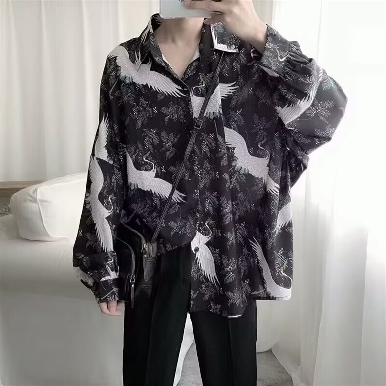 很仙的花衬衫潮男穿搭水墨扎染长袖上衣网红雪纺衬衣薄款外套,男装衬衫,星座1210-1