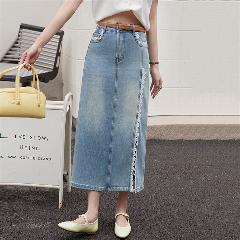 高腰蕾丝花边开叉牛仔半身裙女2025春季新款百搭设计感显瘦直筒裙，女装半身裙，跑量工厂店