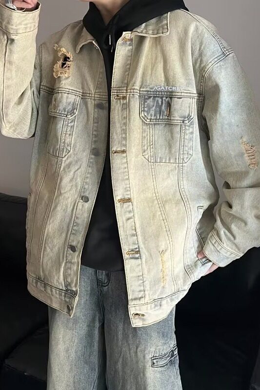 美式复古情侣牛仔外套春秋季新款潮牌宽松痞帅破洞夹克男WD10-P59,男装夹克,星座1008