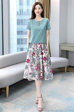 棉麻连衣裙女夏2025新款小个子妈妈洋气时尚腰裙半身裙套装两件套，女装套装/套裙，牡丹诺