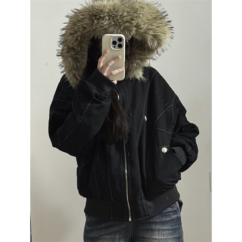 现货重磅boxy短款棉衣座山雕大毛毛领男女棉服水洗工装厚外套，男装棉衣，电商A486-1