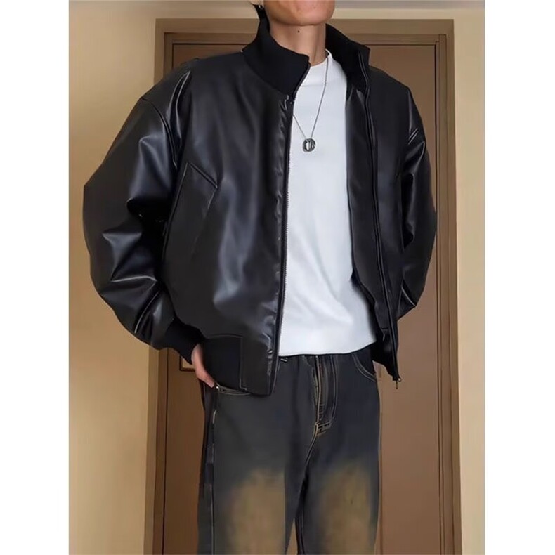 现货美式短款PU皮立领夹棉宽松棉服S01/P90,男装棉衣,星座205-3
