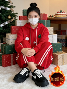 简约时尚休闲套装女秋冬新款韩系宽松显瘦连帽卫衣直筒长裤两件套图片