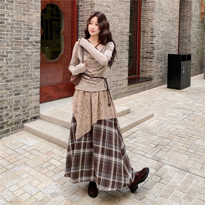 2025秋款氛围感收腰假两件长袖上衣显瘦百搭拼接半身裙两件套，女装套装/套裙，浙宝305